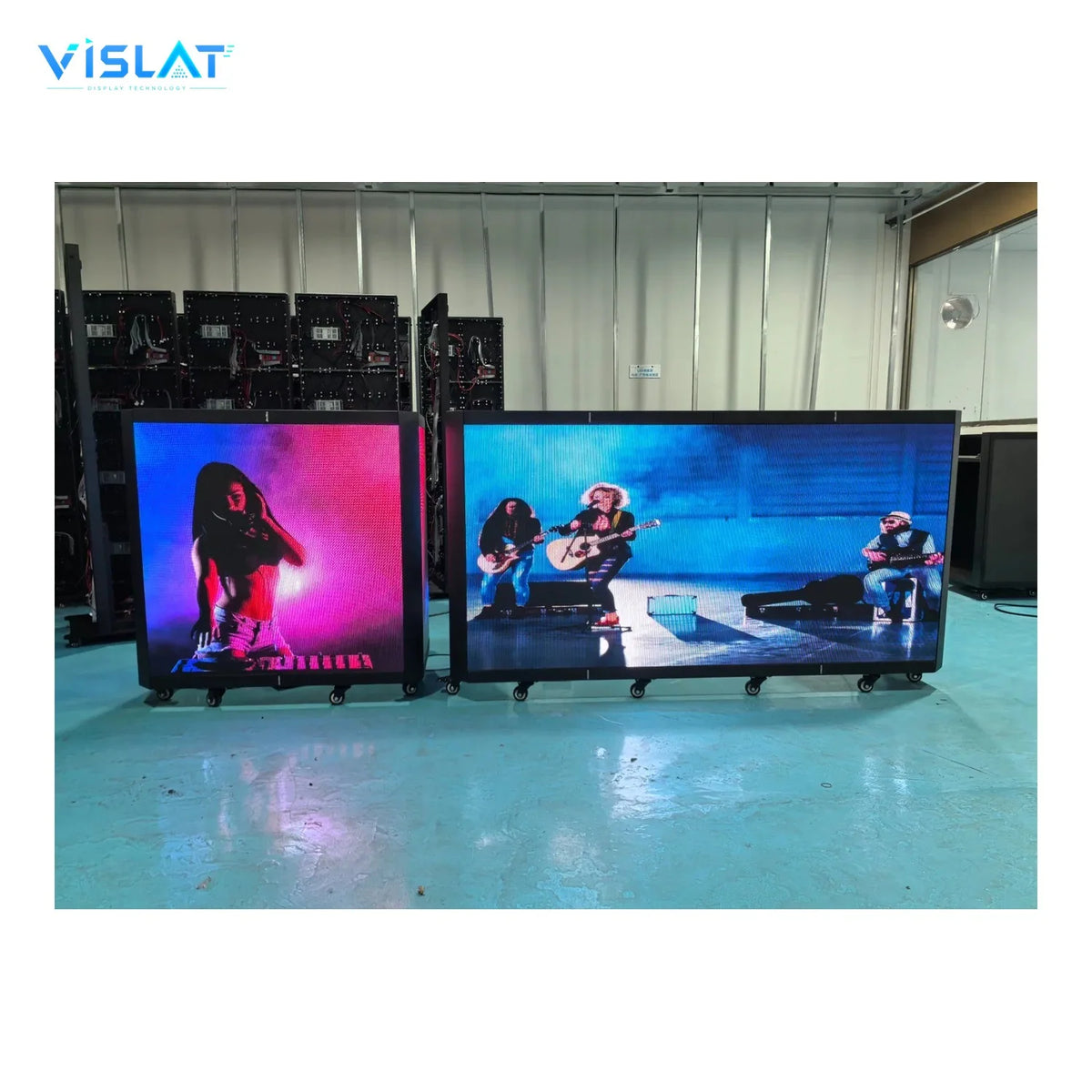 VISLAT 2-panel compact LED DJ booth P4.81 mobile stage shown set up in a showroom