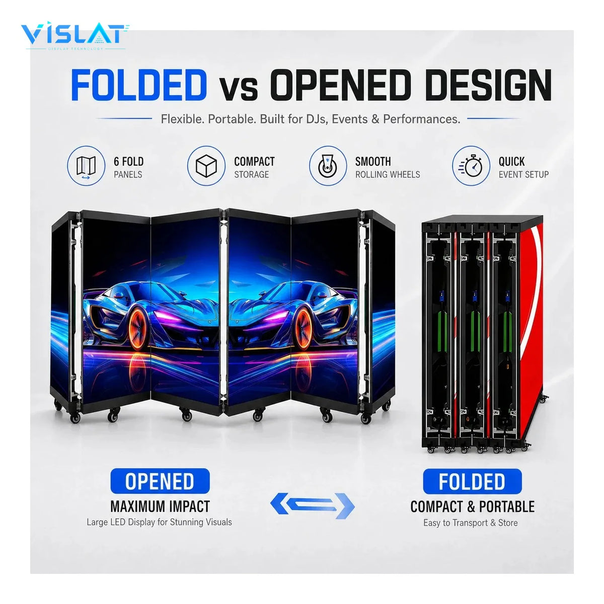 VISLAT 3-panel LED DJ booth P3.91 portable kit folded and opened panel configuration