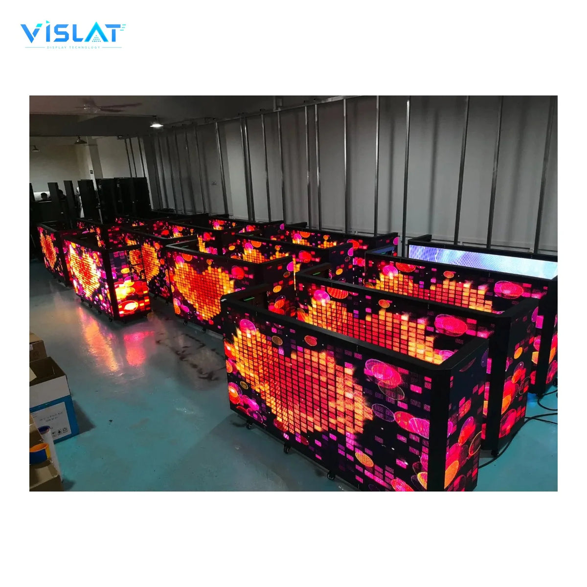 VISLAT 3-panel LED DJ booth P3.91 portable kit several units lined up in the workshop