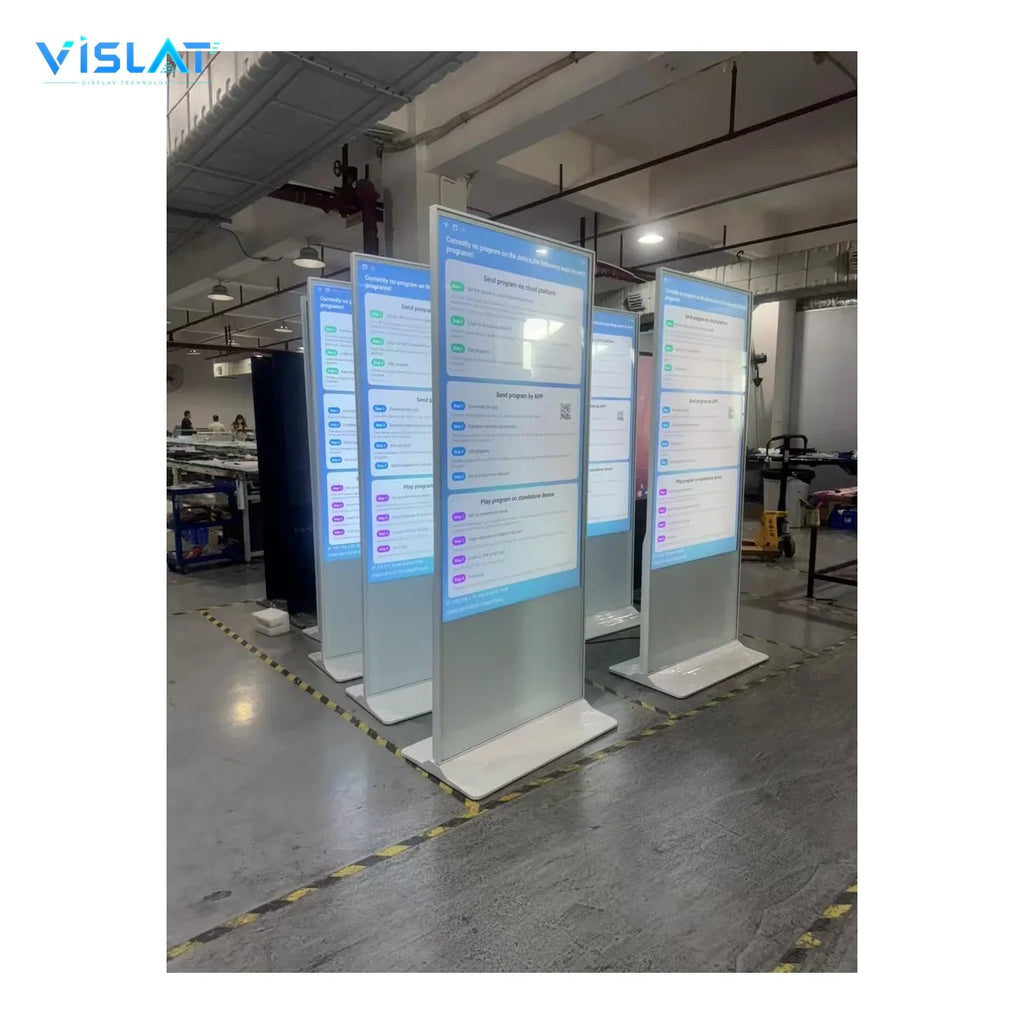 VISLAT 32 inch battery powered portable digital signage floor stand several kiosks on the factory floor