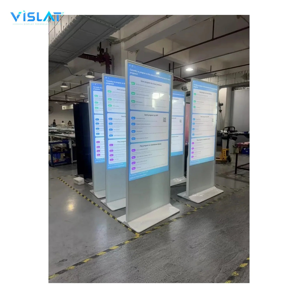 VISLAT 32 inch battery powered portable digital signage floor stand several kiosks on the factory floor