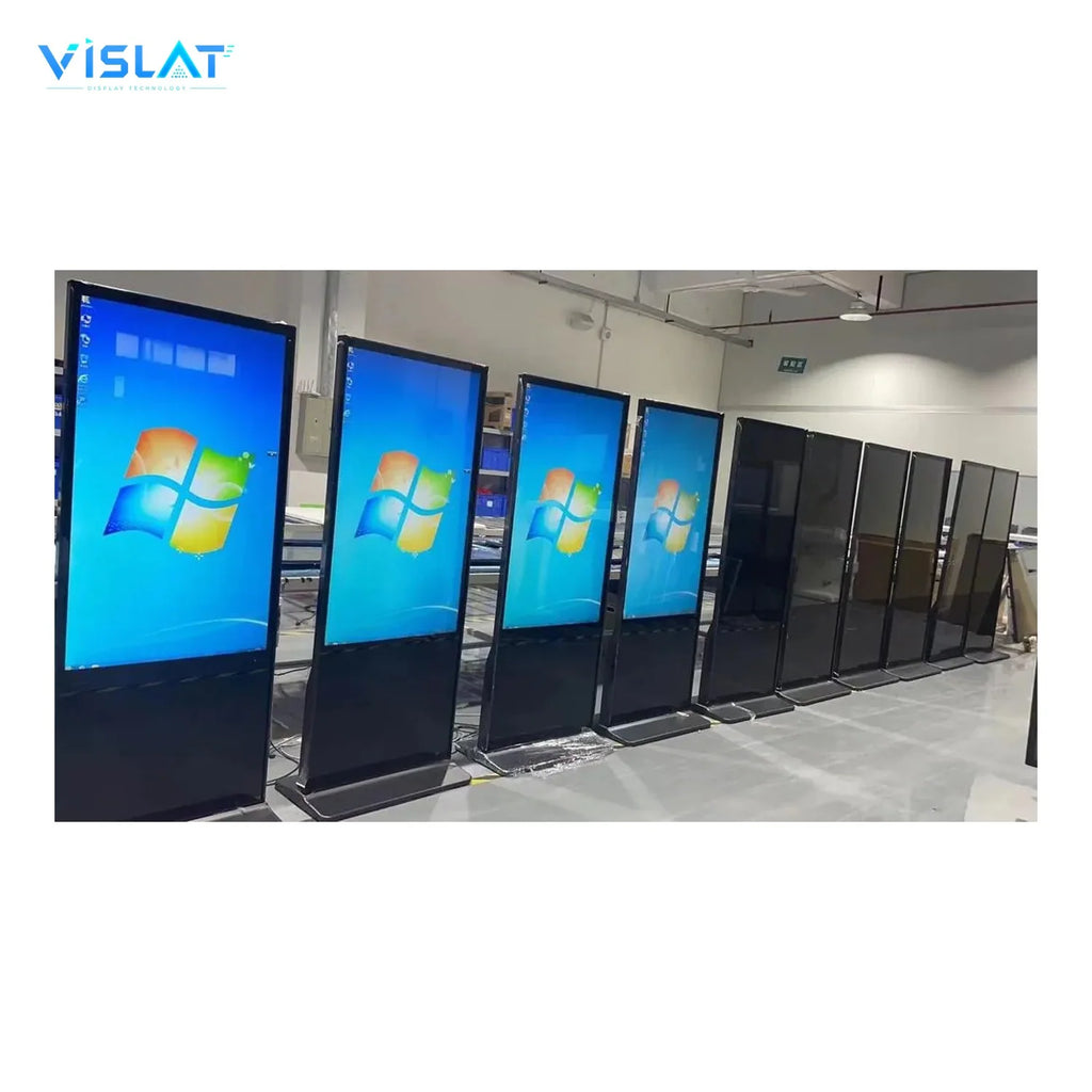 VISLAT 49 inch portable digital signage floor standing kiosk row of kiosks on the factory floor