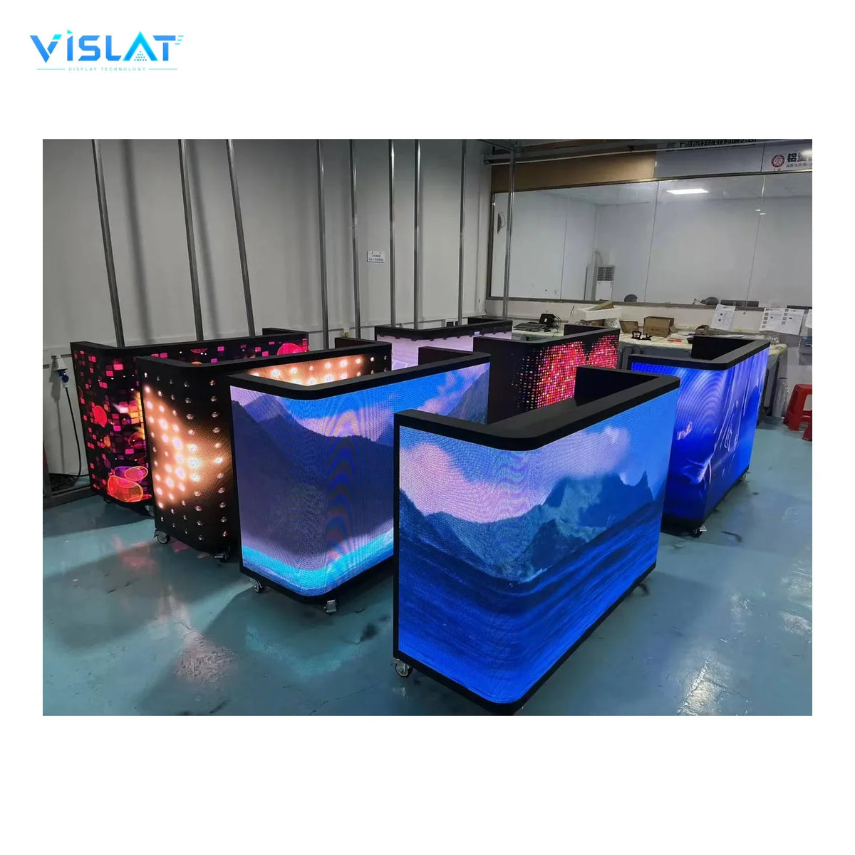 VISLAT 6-panel curved LED DJ booth P3.91 immersive stage curved panels assembled in the workshop