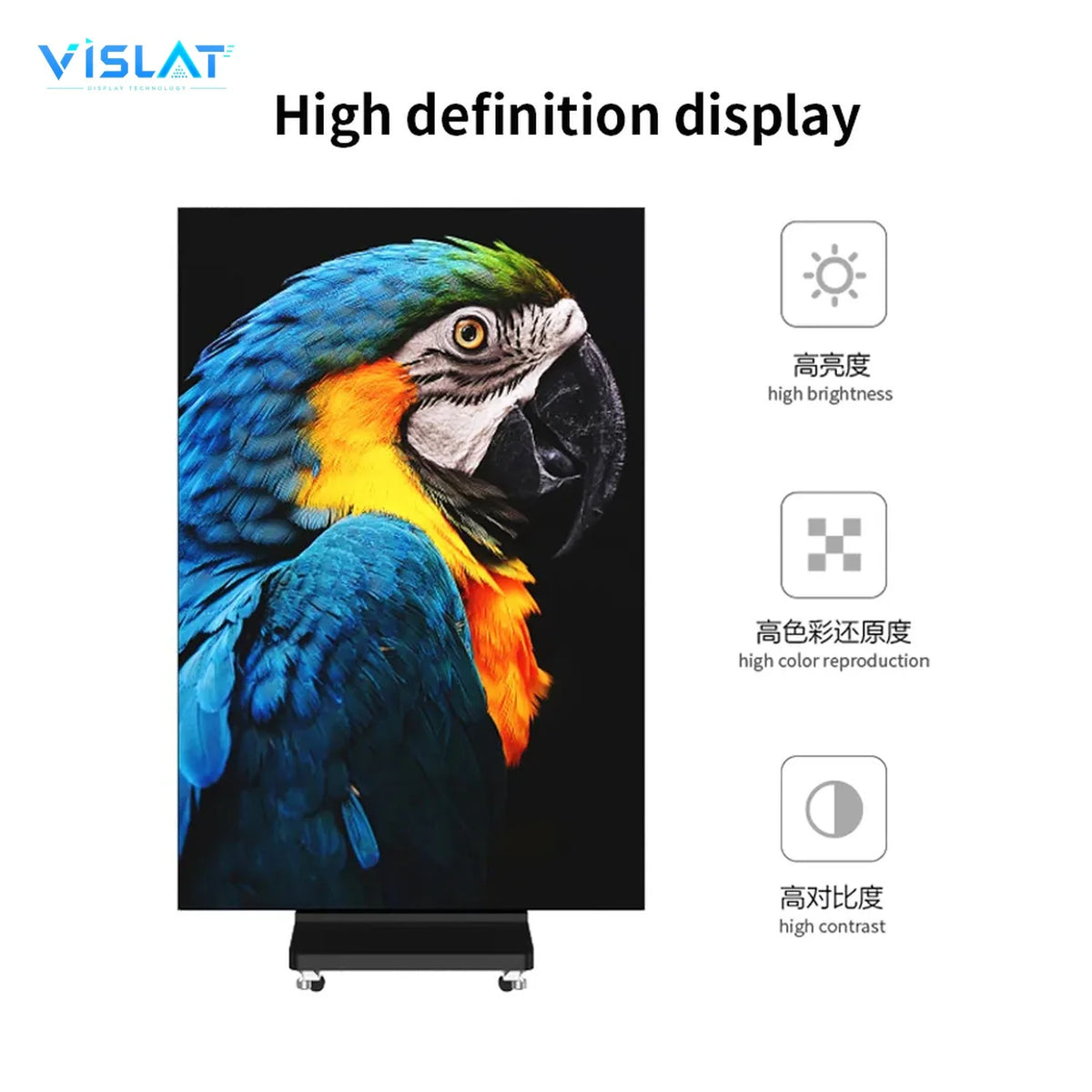 VISLAT 65 inch 4K commercial display installed on a floor stand in a bright indoor space