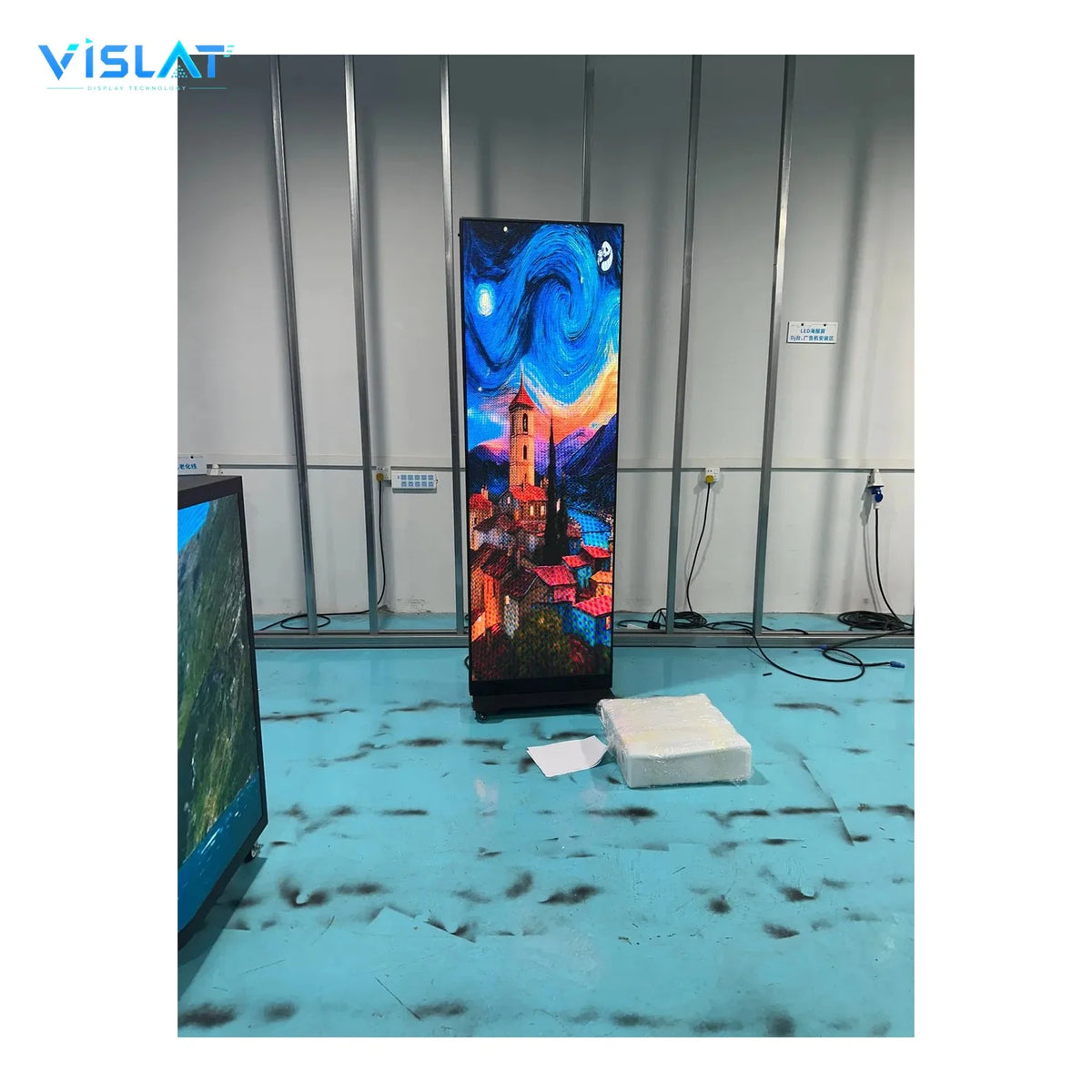 Close view of the slim bezel and screen surface of the VISLAT 65 inch indoor display
