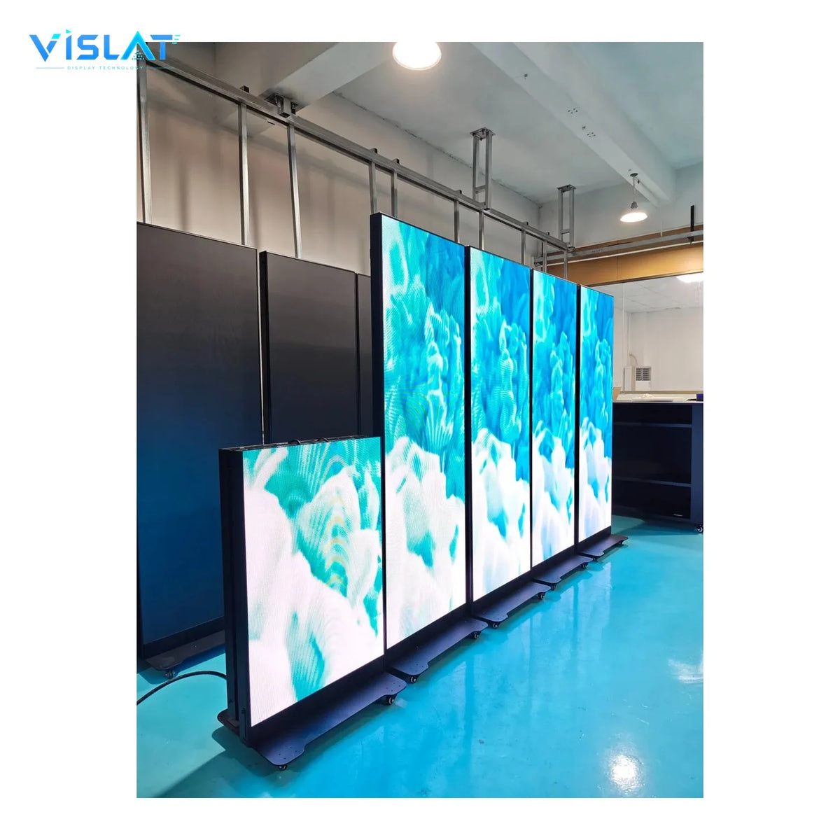 VISLAT P1.86 foldable LED poster display 640x1920mm row of posters on the factory floor