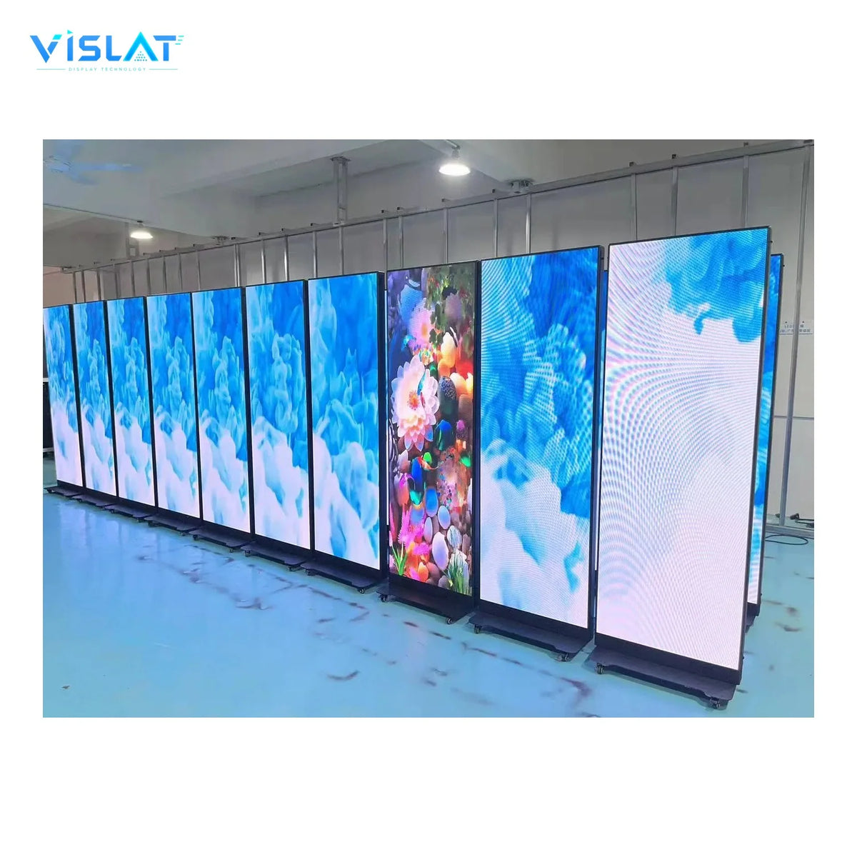 VISLAT P1.86 foldable LED poster display 640x1920mm posters displayed together in the workshop